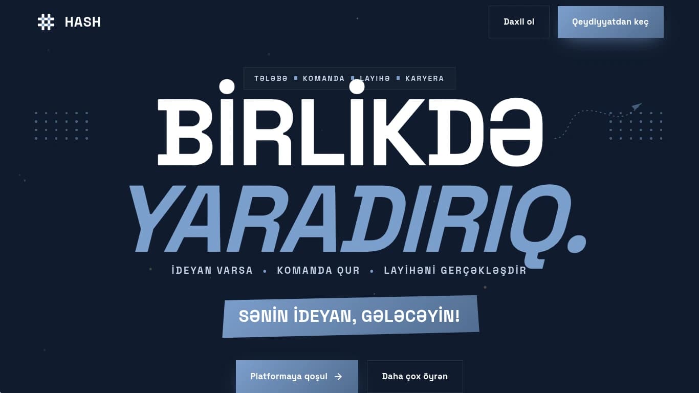 The HashCampus landing page, headlined “Birlikdə yaradırıq”.