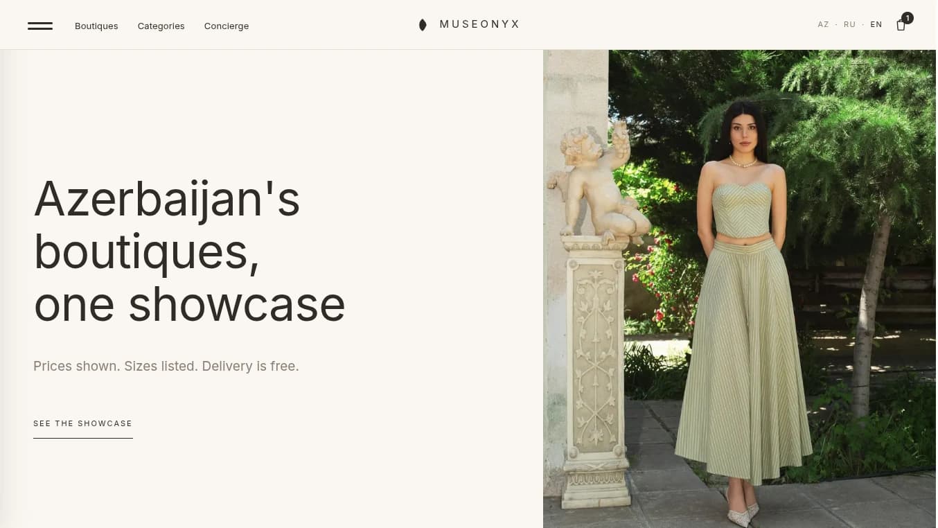 The MUSEONYX homepage: a boutique's own garment beside the line “Azerbaijan's boutiques, one showcase”.